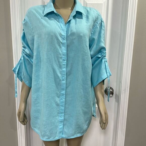 RABE BLOUSE WITH RUCHED SLEEVE. BLUE - Picture 3 of 8